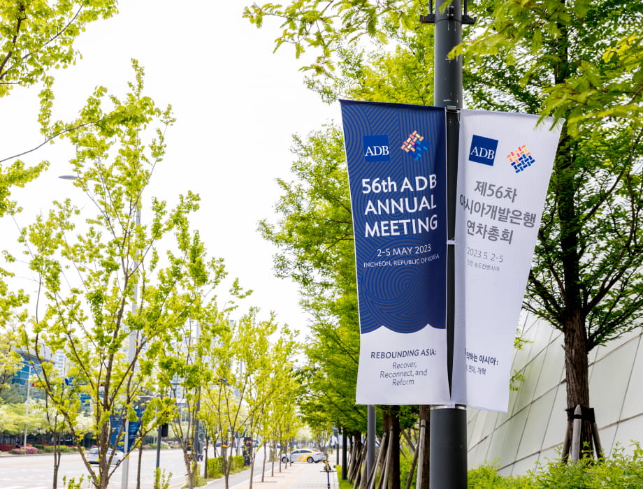 Banners with '56th ADB Annual Meeting' in English and Korean hanging side by side over a street.