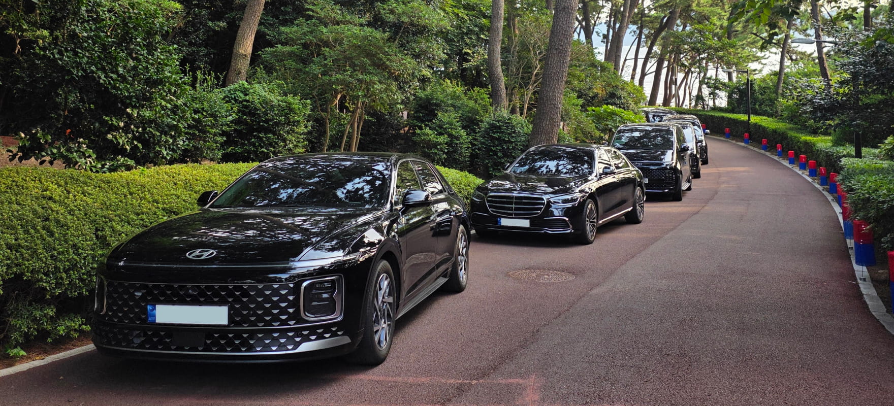 A row of black official protocol vehicles driving along a scenic road lined with traditional Korean lanterns and pine trees in Busan.