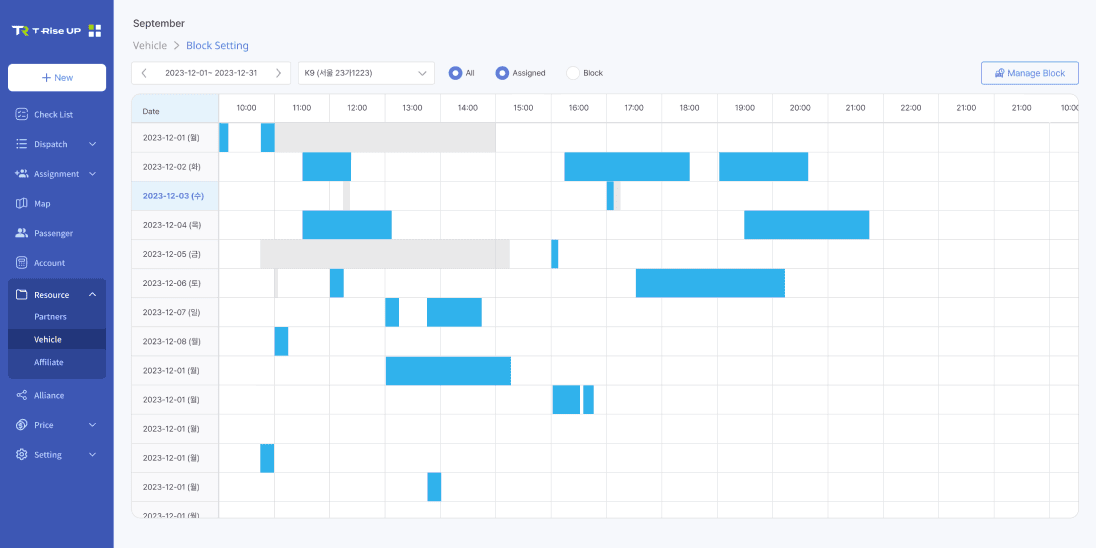 Dispatch schedule management dashboard in T Rise Up solution by GroundK.